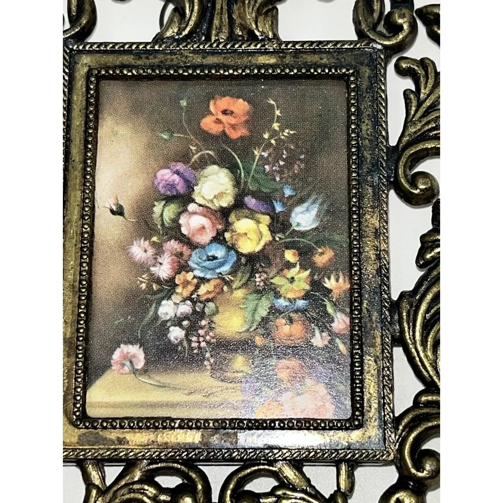 Vintage Italian Miniature Brass Frames Pair The Blue Boy And Floral 4